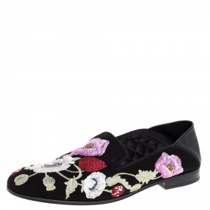 Pre Owned Alexander McQueen Black Floral Embroidered Suede And Leather Smoking Slippers Size 40