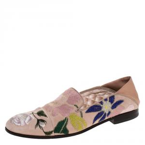 Pre Owned Alexander McQueen Beige Floral Embroidered Embroidered Suede And Leather Smoking Slippers Size 40