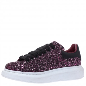 Pre Owned Alexander McQueen Metallic Pink/Black Glitter Platform Lace Up Sneakers Size 39