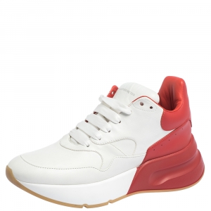 Pre Owned Alexander McQueen White/Red Leather Platform Sneakers Size 39