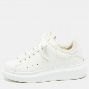 Pre Owned Alexander McQueen White Leather and  Shearling Trimmed Oversized Sneakers Size 36