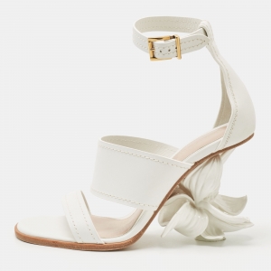 Pre Owned Alexander McQueen White Leather Flower Heel Ankle Strap Sandals Size 39