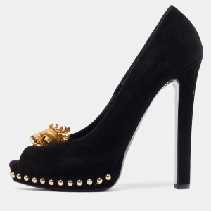 Pre Owned Alexander McQueen Black Suede Skull Embellished Peep Toe Pumps Size 40