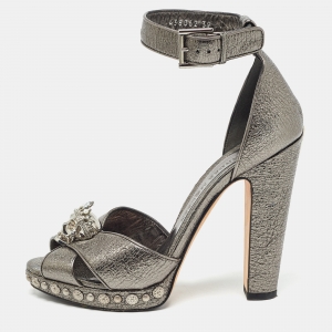 Alexander McQueen Metallic  Leather Crystal Embellished Skull Ankle Strap Sandals Size 39