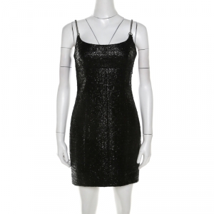 فستان اليكساندر وانغ حقصير مزين بحمالة سلسلة خليط قطن تويد أسود ميتاليك S