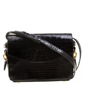 Alexander Wang Black Croc and Lizard Embossed Leather Tri Fold Shoulder Bag