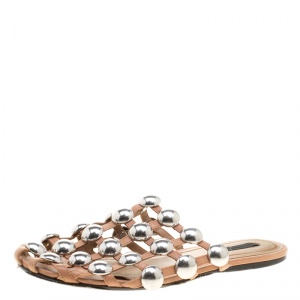 Alexander Wang Beige Leather Amelia Studded Flat Slides Size 38