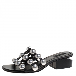 Alexander Wang Black Leather Lou Tilt Studded Open Toe Sandals Size 37.5