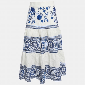 Alexis White/Blue Embroidered Linen Midi Skirt S