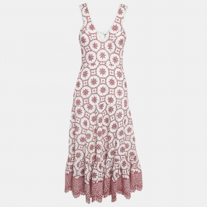 Alexis White/Red Eyelet Linen Midi Dress S