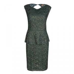Alice + Olivia Green and Gold Cutwork Lace Shovan Peplum Dress M