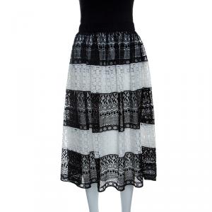 Alice + Olivia Black Floral Embroidered Stripe Detail Birdie Skirt M