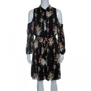Pre Owned Alice + Olivia Black Floral Print Cold Shoulder Belted Karina Shirt Dress M