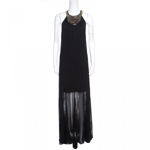 Alice + Olivia Black Chiffon Godet Lace Detail Embellished Lois Maxi Dress M