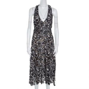 Alice + Olivia Monochrome Floral Lace Cut Out Detail Noreen Halter Dress M