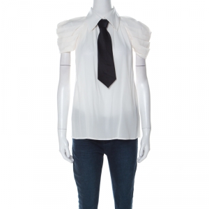 Alice + Olivia White Silk Pleated Sleeves Black Neck Tie Shirt L