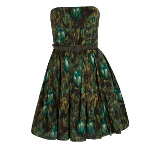 Alice + Olivia Green Floral Print Strapless Belted Dress M