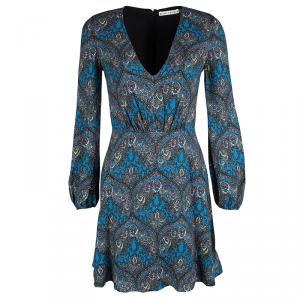 Pre Owned Alice + Olivia Blue Gothic Print V-Neck Flared Dress XS