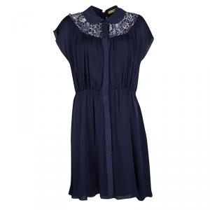 Alice + Olivia Navy Blue Silk Floral Lace Panel Detail Emma Dress L
