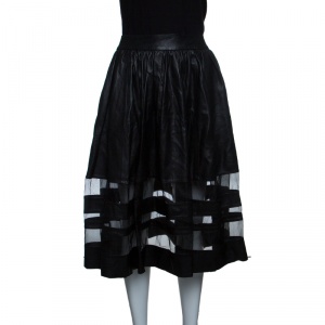 Pre Owned Alice + Olivia Black Leather Mesh Insert Gathered Midi Skirt S