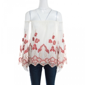 Alice + Olivia White and Red Floral Embroidered Tulle Off Shoulder Priya Top S