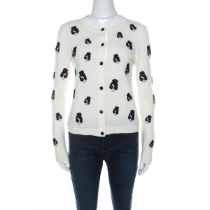 Alice + Olivia Cream Stretch Wool Stacey Emoji Applique Button Front Cardigan M