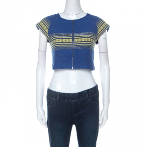 Alice + Olivia Blue Cotton Cap Sleeve Zip Front Woven Amy Crop Top M