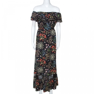 Pre Owned Alice + Olivia Black Floral Print Stretch Off Shoulder Maxi Dress M