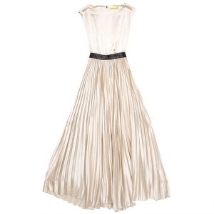 Alice + Olivia Beige Satin Pleated Cut Out Back Detail Maxi Dress XS