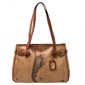 Pre Owned Alviero Martini 1A Classe Brown Geo Print Coated Canvas Tote    