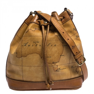 Pre Owned Alviero Martini 1A Classe Brown Geo Print Coated Canvas and Leather Bucket Bag