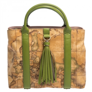 Pre Owned Alviero Martini 1A Classe Green/Brown Geo Print Coated Canvas and Leather Tassel Tote