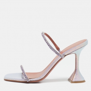 Pre Owned Amina Muaddi Lilac Glitter Patent Leather Gilda Slide Sandals Size 37