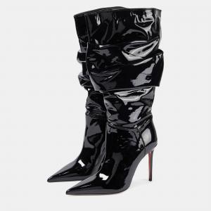 Pre Owned Amina Muaddi Jahleel Latex Black Leather Ankle Boots EU 38