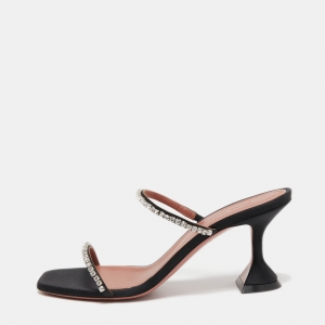 Pre Owned Amina Muaddi Black Crystal Embellished Satin Gilda Slide Sandals Size 38