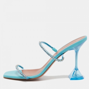 Amina Muaddi Blue Leather Crystal Embellished Gilda Slide Sandals Size 40