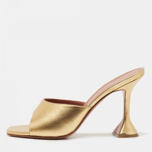 Pre Owned Amina Muaddi Gold Leather Lupita Slide Sandals Size 40