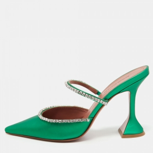 Pre Owned Amina Muaddi Green Leather Gilda Mules Size 38