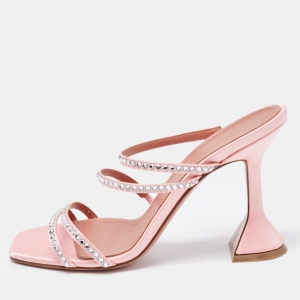 Pre Owned Amina Muaddi Pink Crystal Embellished Satin Gilda Slide Sandals Size 37