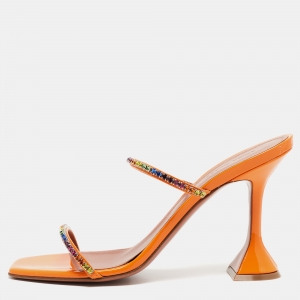 Pre Owned Amina Muaddi Orange Crystal Embellished Satin Gilda Slide Sandals Size 40