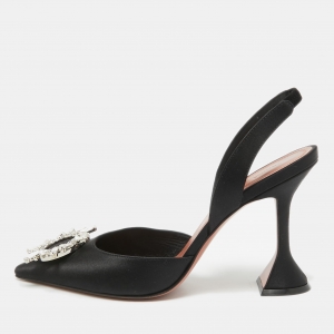 Pre Owned Amina Muaddi Black Satin Crystal Buckle Begum Slingback Pumps Size 39