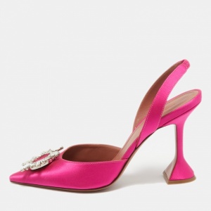 Pre Owned Amina Muaddi Pink Satin Begum Slingback Pumps Size 40.5 