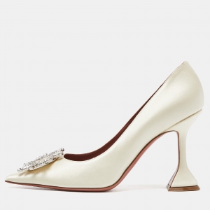 Pre Owned Amina Muaddi Ivory Satin Begum Pumps Size 38.5