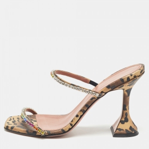 Pre Owned Amina Muaddi Brown/Black Leopard Print Satin Crystal Embellished Gilda Sandals Size 37.5