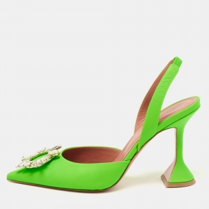 Amina Muaddi Neon Green Leather Begum Crystal Embellished Slingback Sandals Size 38.5
