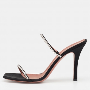 Pre Owned Amina Muaddi Black Satin Crystal Embellished Gilda Slide Sandals Size 40