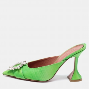 Amina Muaddi Green Vinyl Begum Crystal Embellished Mules Size 38