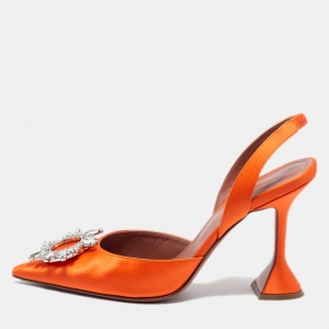 Pre Owned Amina Muaddi Orange Satin Begum Crystal-Embellished Slingback Sandals Size 39