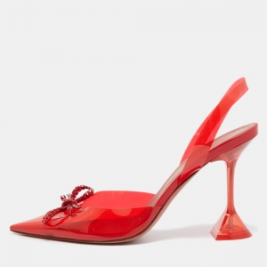 Amina Muaddi Red Rosie Crystal Embellished PVC Pointed Toe Slingback Pumps Size 41