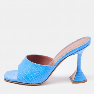 Amina Muaddi Blue Croc Embossed Lupita Slides Sandals Size 38